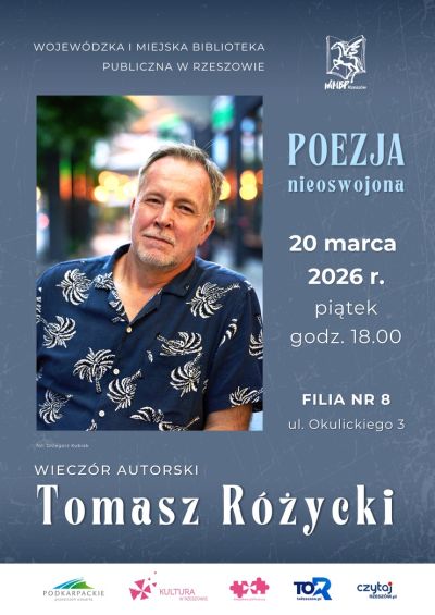 Grafika promująca wiecz&oacute;r autorski Tomasza R&oacute;życkiego